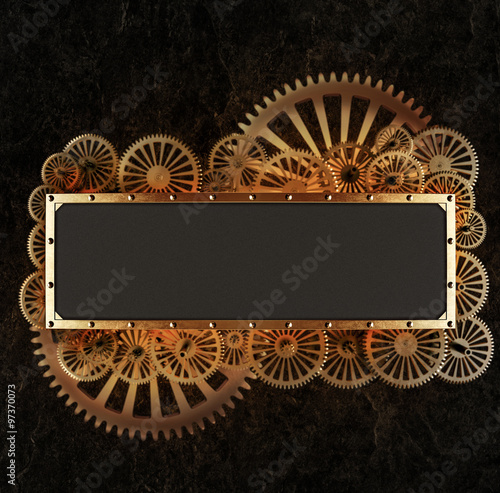 Stylized golden mechanical steampunk gear collage. Made of metal frame and clockwork details.