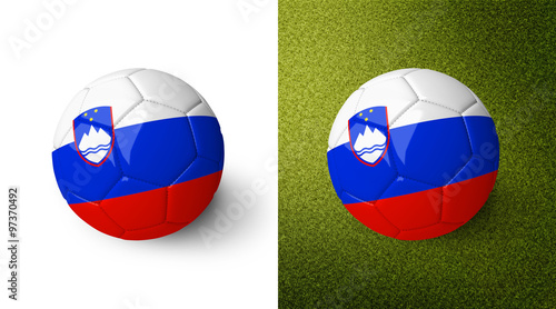 3d realistic soccer ball with the flag of Slovenia on it isolated on white background and on green soccer field. See whole set for other countries. 