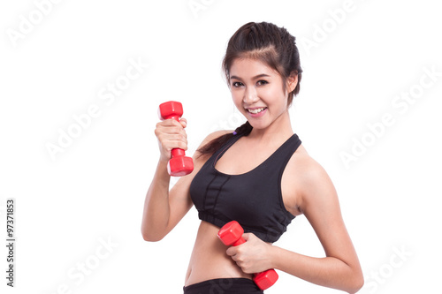 Boxer woman. Boxing fitness woman smiling happy wearing red boxing gloves on white background.