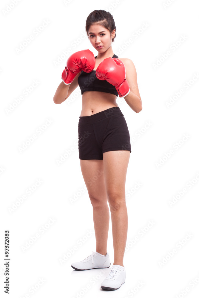 Boxer woman. Boxing fitness woman smiling happy wearing red boxing gloves on white background. Boxer woman. Boxing fitness woman smiling happy wearing red boxing gloves on white background.