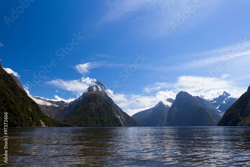 Milford Sound and Mitre Peak in Fjordland NP NZ