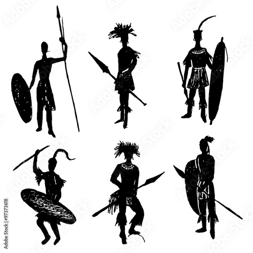 African tribal warriors in the battle suit and arms drawing sketch hand drawn vector illustration