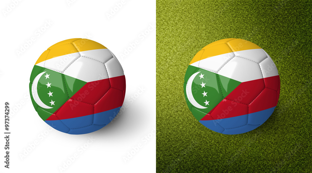 3d realistic soccer ball with the flag of the Comoros on it isolated on white background and on green soccer field. See whole set for other countries.
