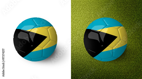 3d realistic soccer ball with the flag of the Bahamas on it isolated on white background and on green soccer field. See whole set for other countries.  