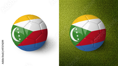 3d realistic soccer ball with the flag of the Comoros on it isolated on white background and on green soccer field. See whole set for other countries.  