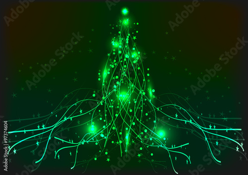 Green neon Christmas tree. Background.