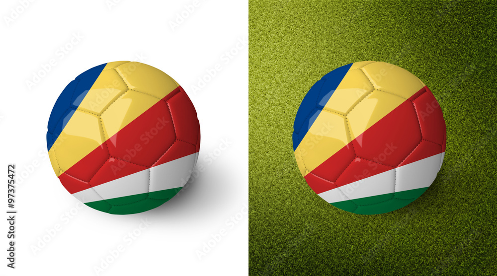 3d realistic soccer ball with the flag of the Seychelles on it isolated on white background and on green soccer field. See whole set for other countries.
