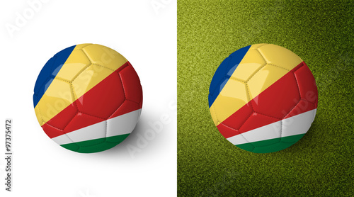 3d realistic soccer ball with the flag of the Seychelles on it isolated on white background and on green soccer field. See whole set for other countries.  