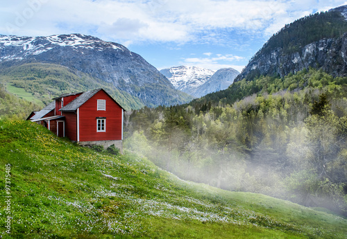 Red wooden cottage in the foggy valley. Green grass, white flowers. Stone snowy mountains. Stalheim, Norway. Mist. #97375485