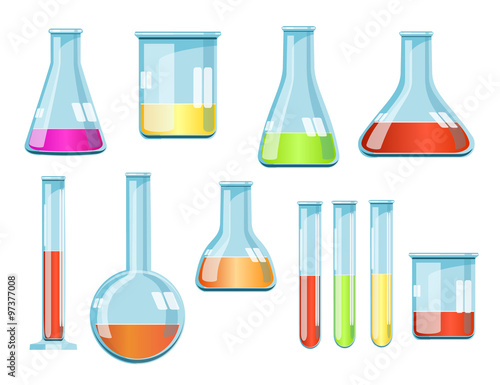 Vector laboratory glassware with liquids of different colors
