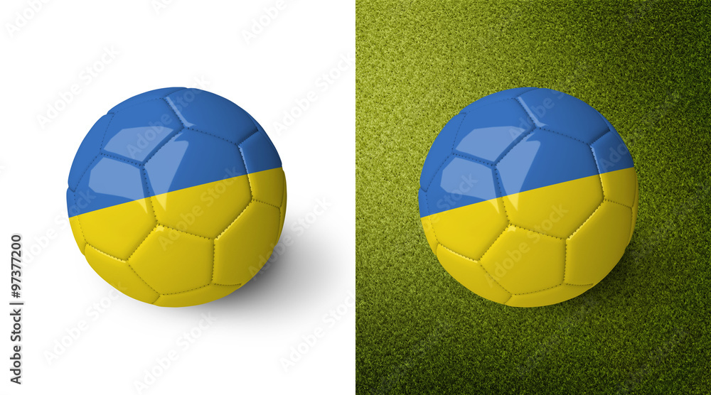 3d realistic soccer ball with the flag of Ukraine on it isolated on white background and on green soccer field. See whole set for other countries.
