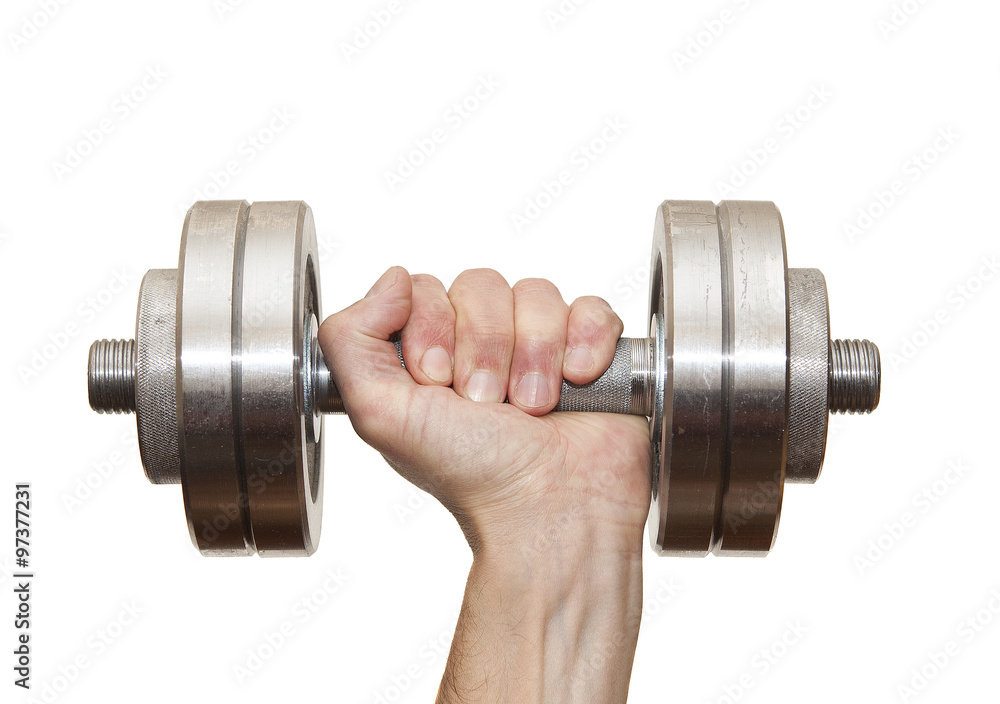 Big dumbbell on a white background in hand Big dumbbell on a white background in hand