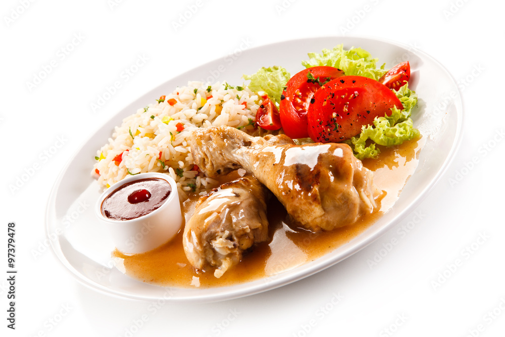 Roasted chicken drumsticks white rice and vegetables Roasted chicken drumsticks white rice and vegetables