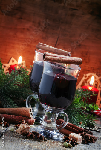 Christmas and New Year mulled wine with cinnamon, cardamom and a