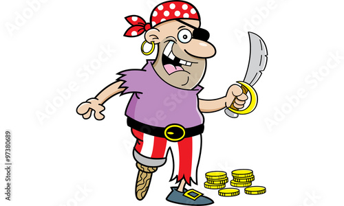 Cartoon illustration of a smiling pirate with a peg leg holding a sword.