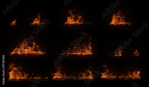 A set of burning horizontal wood beam with particles, perfect for digital composition