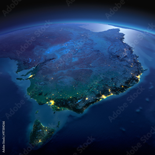 Detailed Earth. Australia and Tasmania on a moonlit night