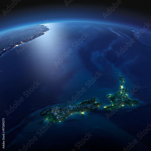 Detailed Earth. New Zealand on a moonlit night