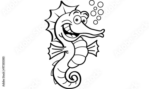 Black and white illustration of a smiling sea horse.