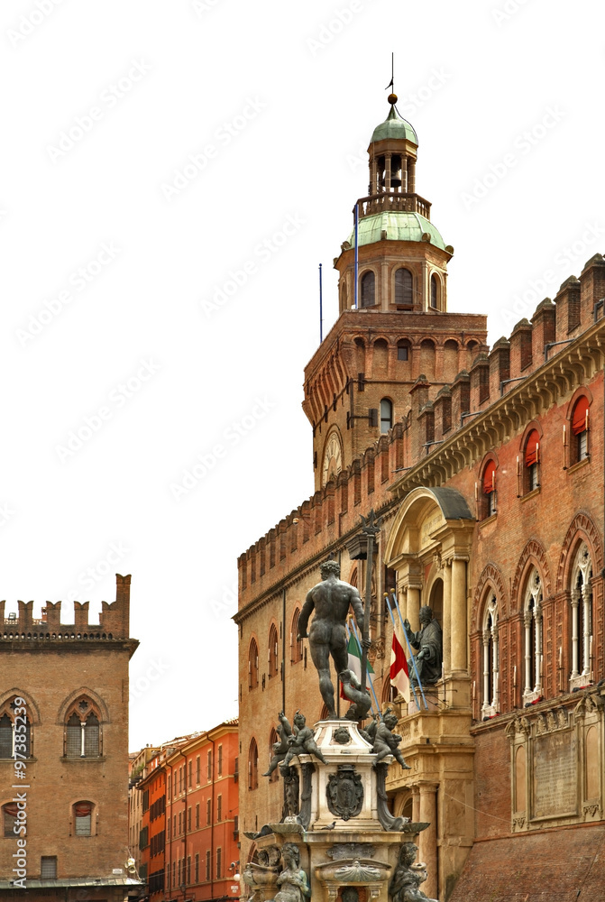 Fountain neptune and Palazzo Accursio in Bologna. Italy 