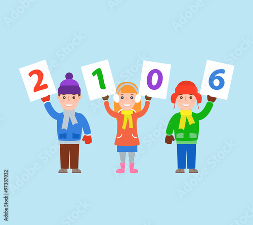 children in winter clothes holding numbers 2016. happy new year
