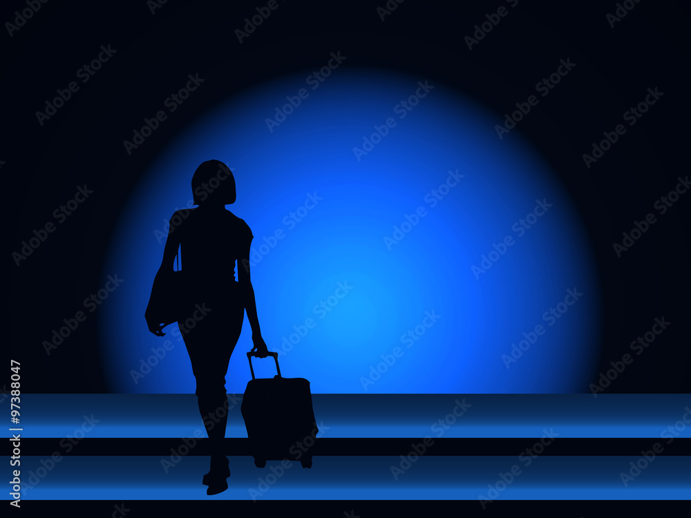 Maleta, viaje, equipaje, fondo azul, esfera, silueta, persona, mujer,  fondos Stock Illustration | Adobe Stock