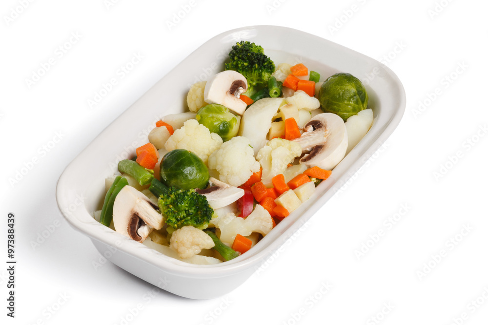 Steamed vegetables, on a white