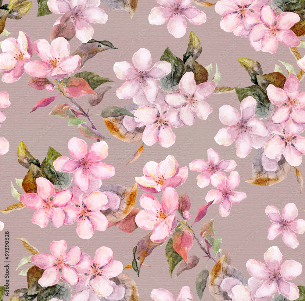 Pink apple, cherry (sakura) flowers. Seamless floral template. Watercolour on grey background 