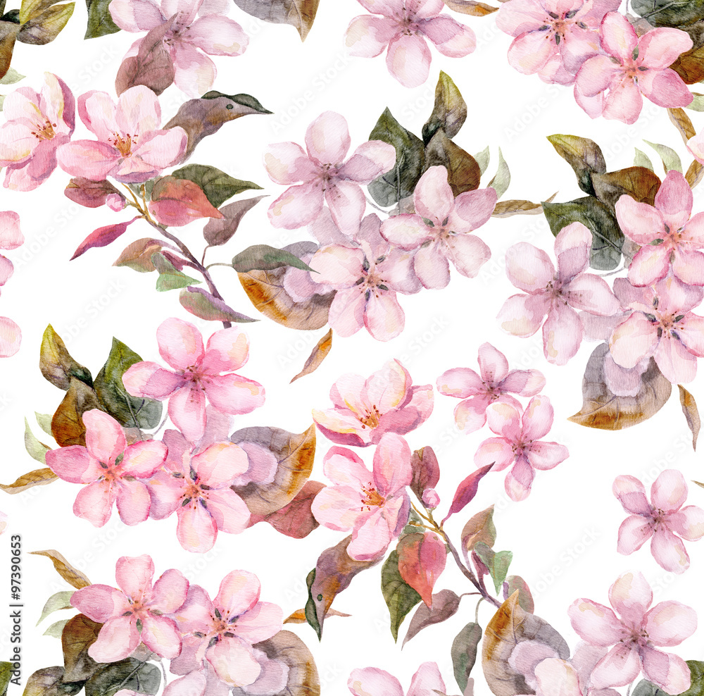 Fototapeta premium Pink fruit (apple, cherry, sakura) flowers. Seamless floral template. Aquarelle on white background