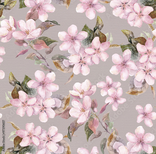 Pink apple, cherry (sakura) blooming flowers. Seamless floral tiled swatch. Watercolor on paper background 