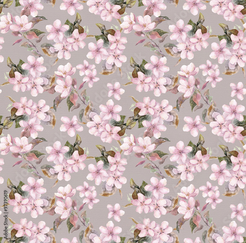 Retro pink apple and cherry flowers in blossom. Seamless floral template. Watercolour on gray background 