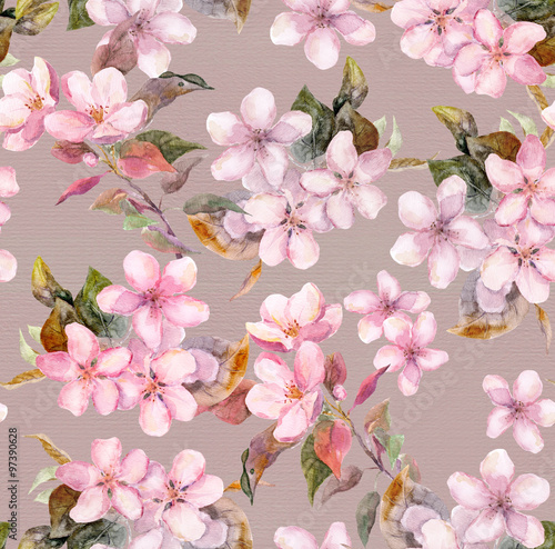 Pink apple  cherry  sakura  flowers. Seamless floral template. Watercolour on grey background 