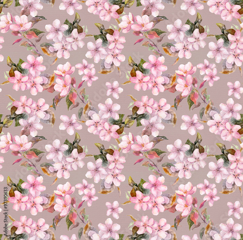Pink apple, cherry flowers (sakura) in blossom. Seamless floral pattern. Grey background 