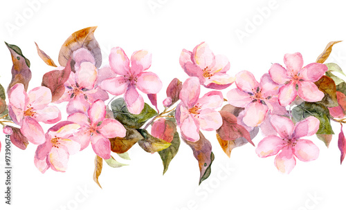 Fototapeta Naklejka Na Ścianę i Meble -  Apple or cherry pink flowers. Seamless floral stripe frame. Watercolor painted fringe 