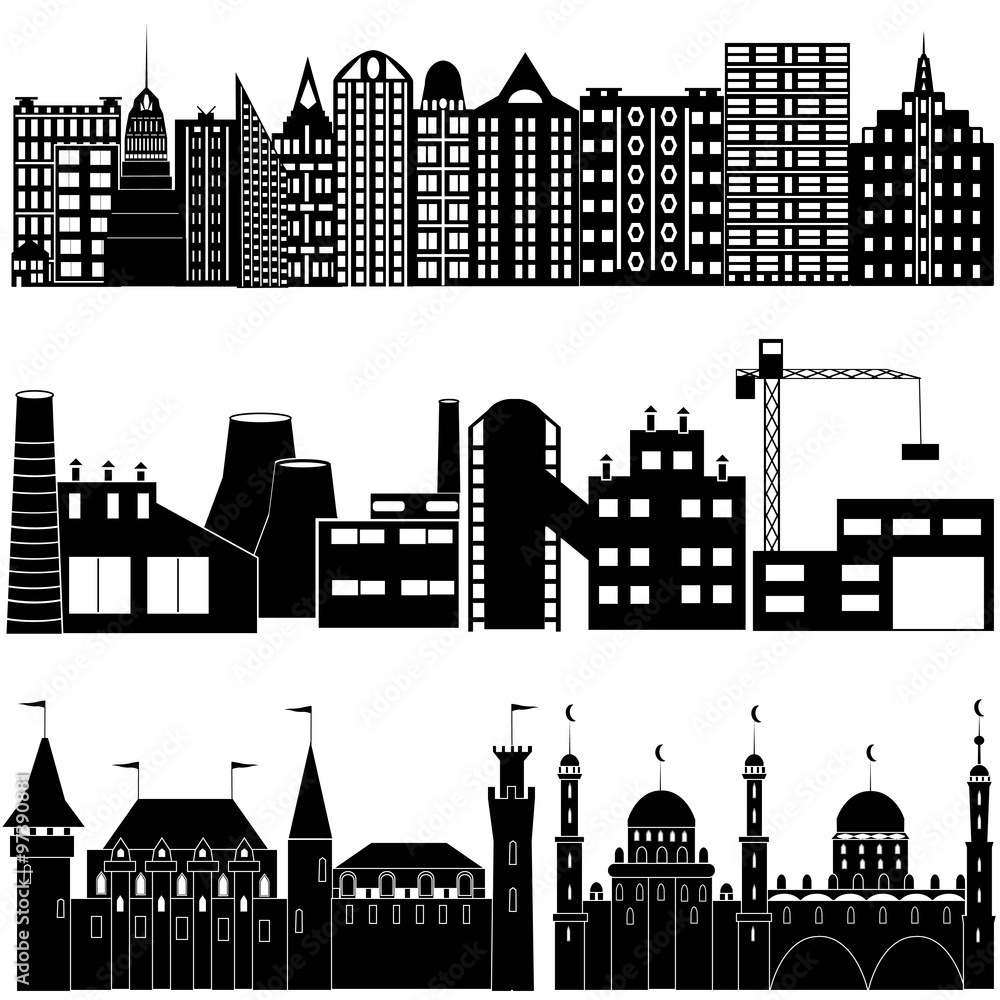 Silhouettes of houses, industrial buildings and fortresses, cast
