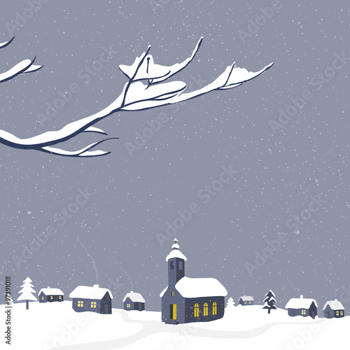 Winter scenery with snow-covered village and branch in the front. Christmas greeting card vector illustration.