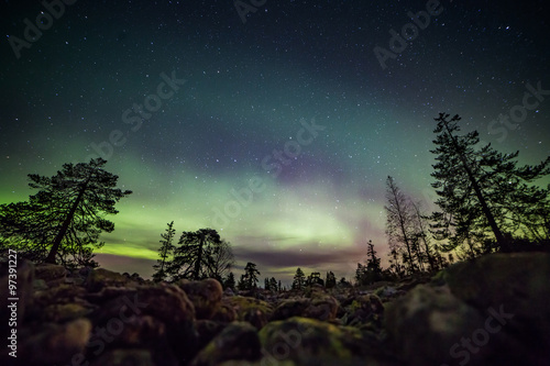 A beautiful green and red aurora dancing photo