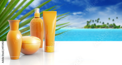 set of sun lotions in a tropical background
