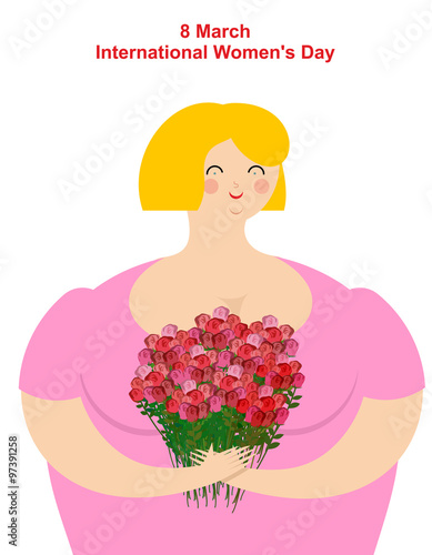 8 March. Girl with flowers. Merry happy women and bouquet of ros