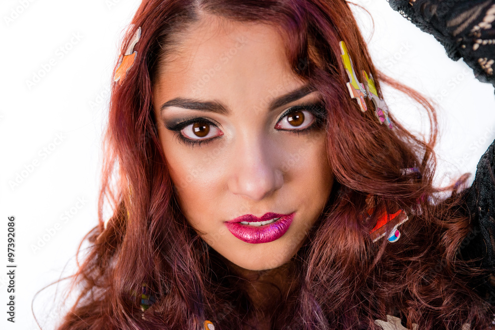Obraz premium Beautiful fashion model girl close-up with puzzle in her hair