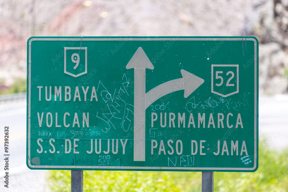 Road sign to Purmamarca or S.S. De Jujuy, Argentina Road sign to Purmamarca or S.S. De Jujuy, Argentina