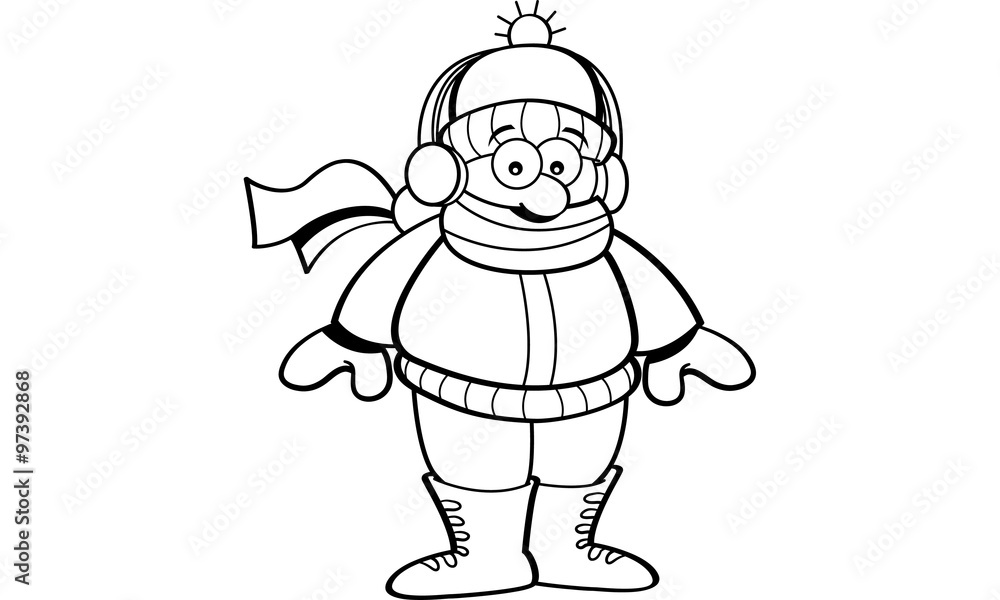 Fototapeta premium Black and white illustration of a kid wearing winter clothing.