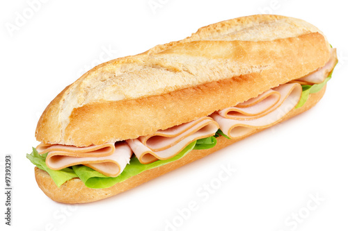 sandwich with turkey breast and lettuce isolated on white