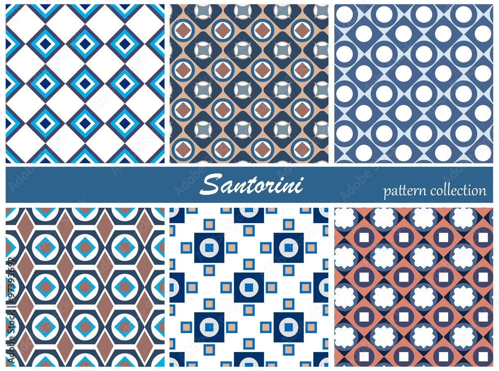 Collection of seamless patterns. Blue and white colors. Santorini island colors. Vector illustration - obrazy, fototapety, plakaty 
