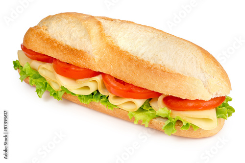 roll filled with cheese, tomato and lettuce