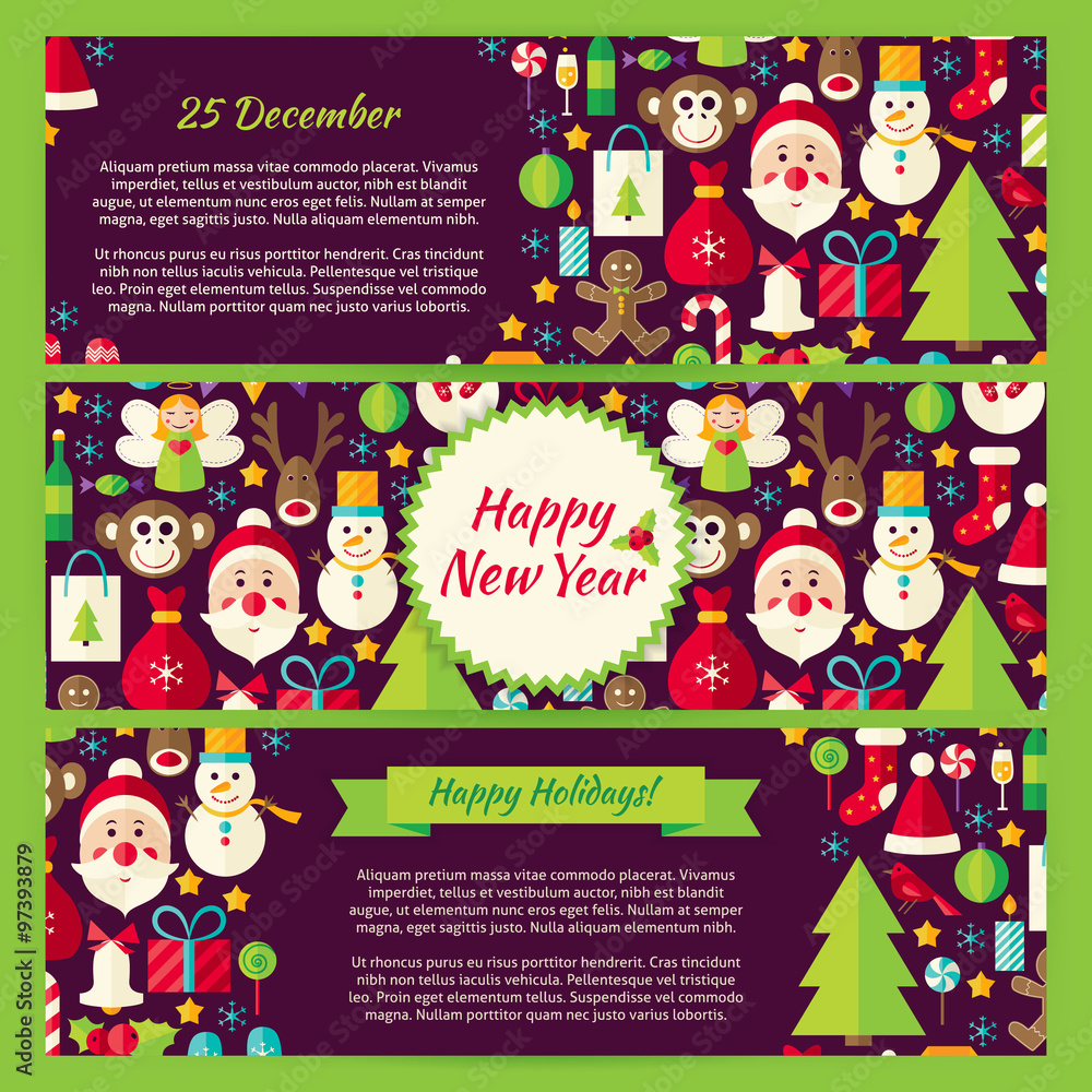 Fototapeta premium Happy New Year Winter Vector Template Banners Flat Set