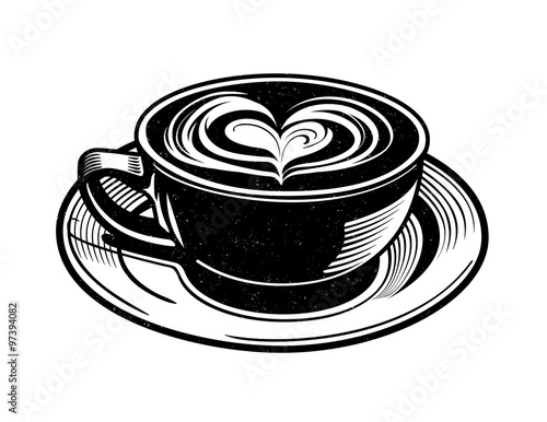 Cup of Hot Coffee Latte with Heart Swirl Black and White Cartoon Vector Graphic Illustration