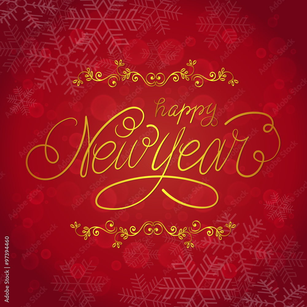 Happy New Year Card. Vector Illustration. Hand Lettered Text with Christmas Ornaments on a Red Background.