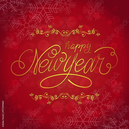 Happy New Year Card. Vector Illustration. Hand Lettered Text with Christmas Ornaments on a Red Background.