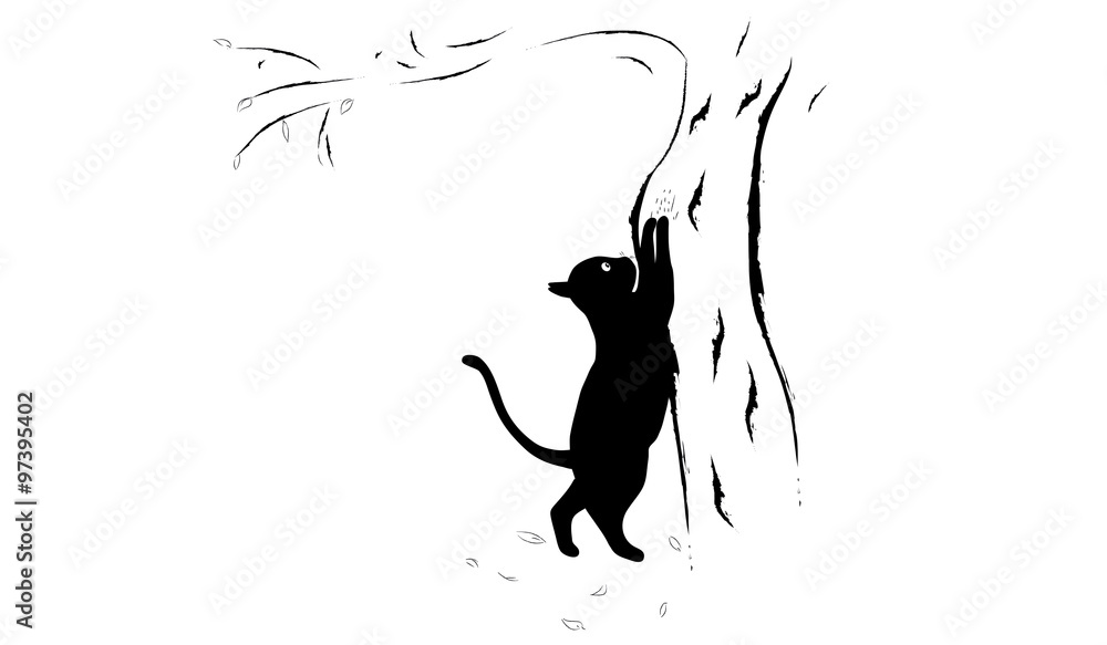 Кот и дерево, серия изображений-приключений про черного кота